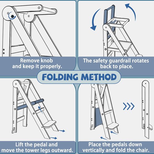 Foldable Toddler Kitchen Stool Helper, Toddler Standing Tower with 3 Adjustable Heights, Collapsible Wooden Step Stool for Kitchen & Bathroom, Montessori Learning Helper Tower for Toddlers Aged 1-6