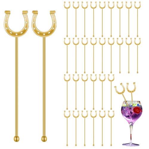 Sunnychicc 6 Inch Derby Drink Plastic Stirrers Swizzle Sticks for Cocktails Coffee Reusable U Shaped Horseshoe Drink Stirrers for Coffee Beverage Party Bar Weddings Events(Gold,30 Pcs)