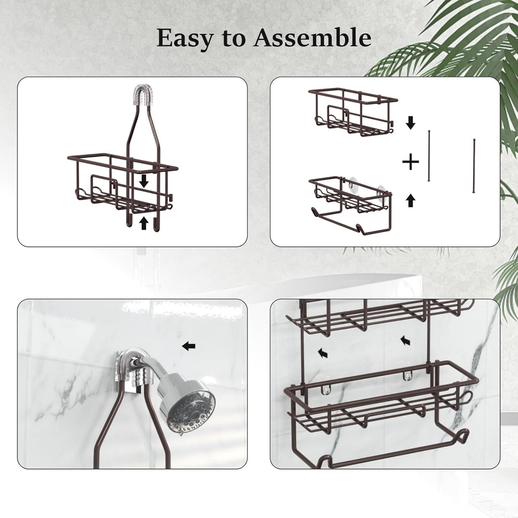 Rustic Bronze Shower Caddy by [Brand Name] - Overhead Organizer with 10 Hooks & Towel Bar