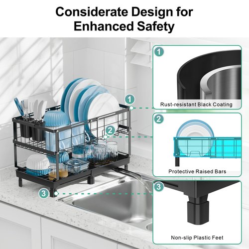 GSlife Large Dish Drying Rack - 2 Tier Dish Rack for Kitchen Counter, Expandable Capacity Dish Drainer Rack with Removable Cutlery Holder, 15.7''-20.7''L x 9.8" D x 13.4" H, Black