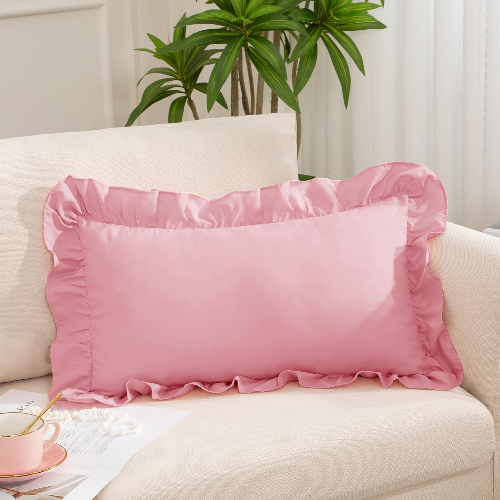 Yvrcen Pink Ruffle Lumbar Pillow Cover 12x20 Inch, Ruffled Cushion Case Covers for Couch Sofa Bed Living Room, Decorative Farmhouse Throw Pillow Cover, Pack of 1