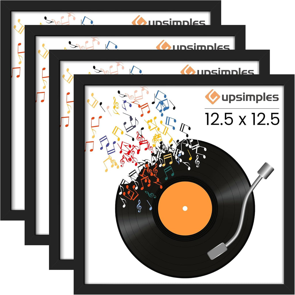 Upsimples Vinyl Record Frame - 12.5x12.5 Inch Album Cover Display - Black, Set of 4 for Home Decor