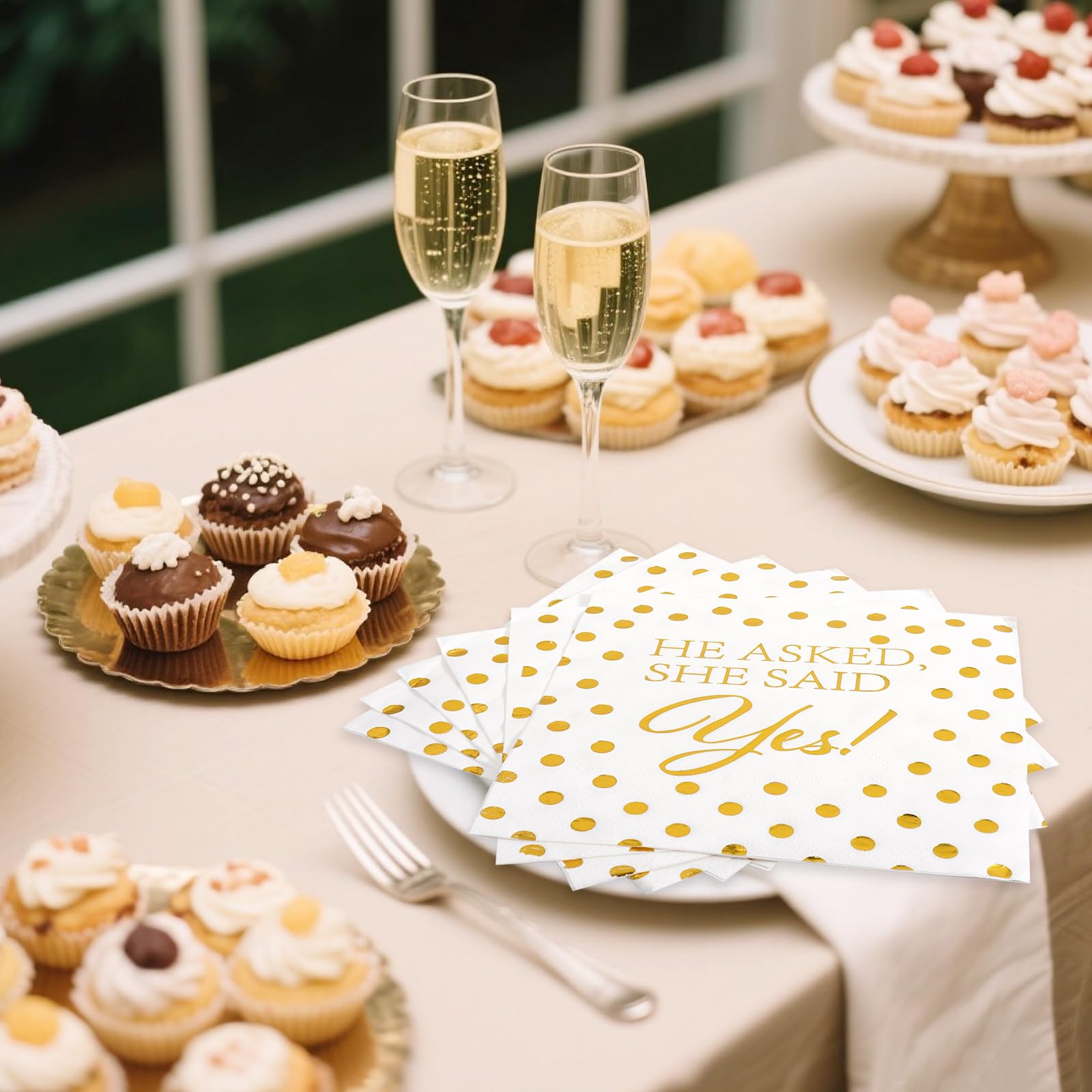 Jovialix She Said Yes Napkins, Engagement Party Napkins, Engaged Napkins – Disposable Cocktail Napkins for Bridal Shower & Bachelorette Decoration – Gold Foil Polka Dots, 6.5 x 6.5 in, 80 Pack