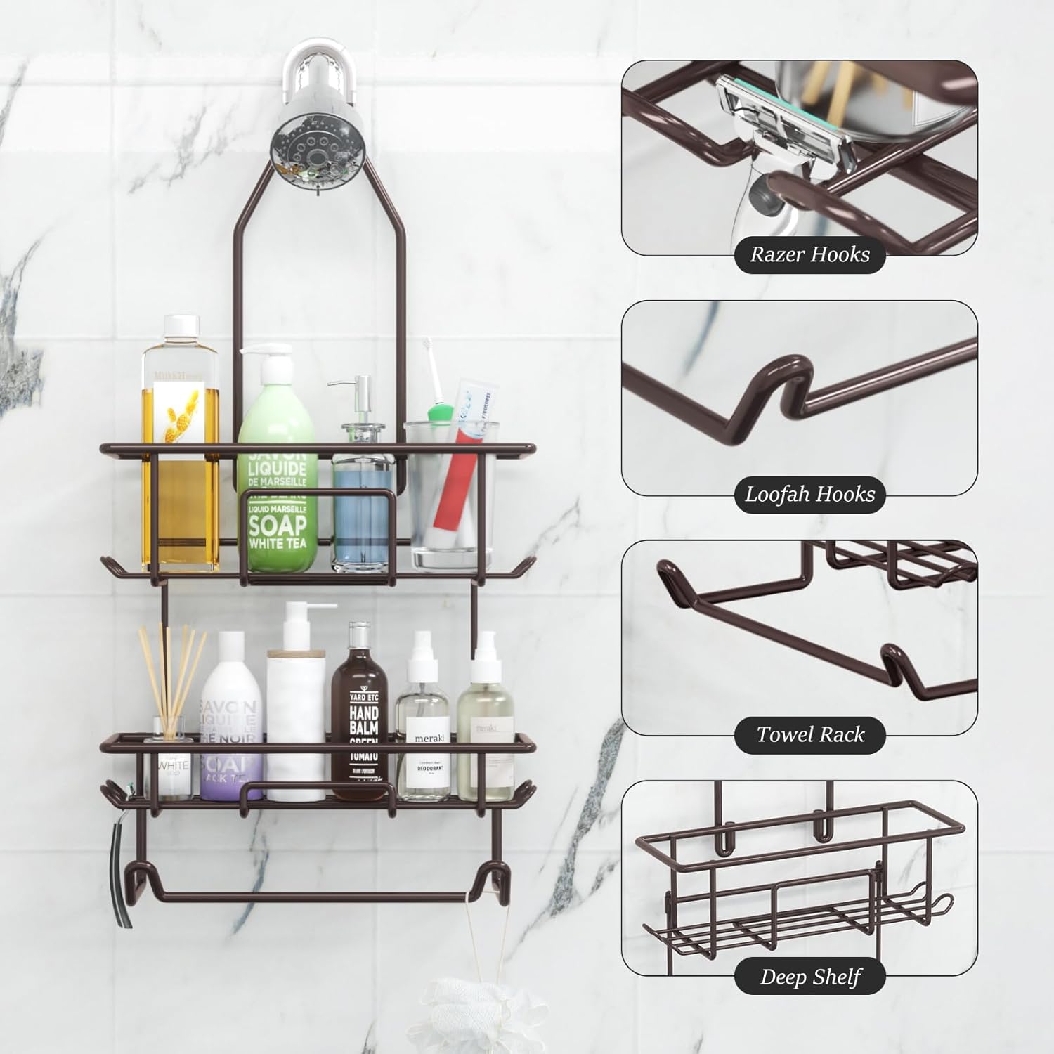 Rustic Bronze Shower Caddy by [Brand Name] - Overhead Organizer with 10 Hooks & Towel Bar