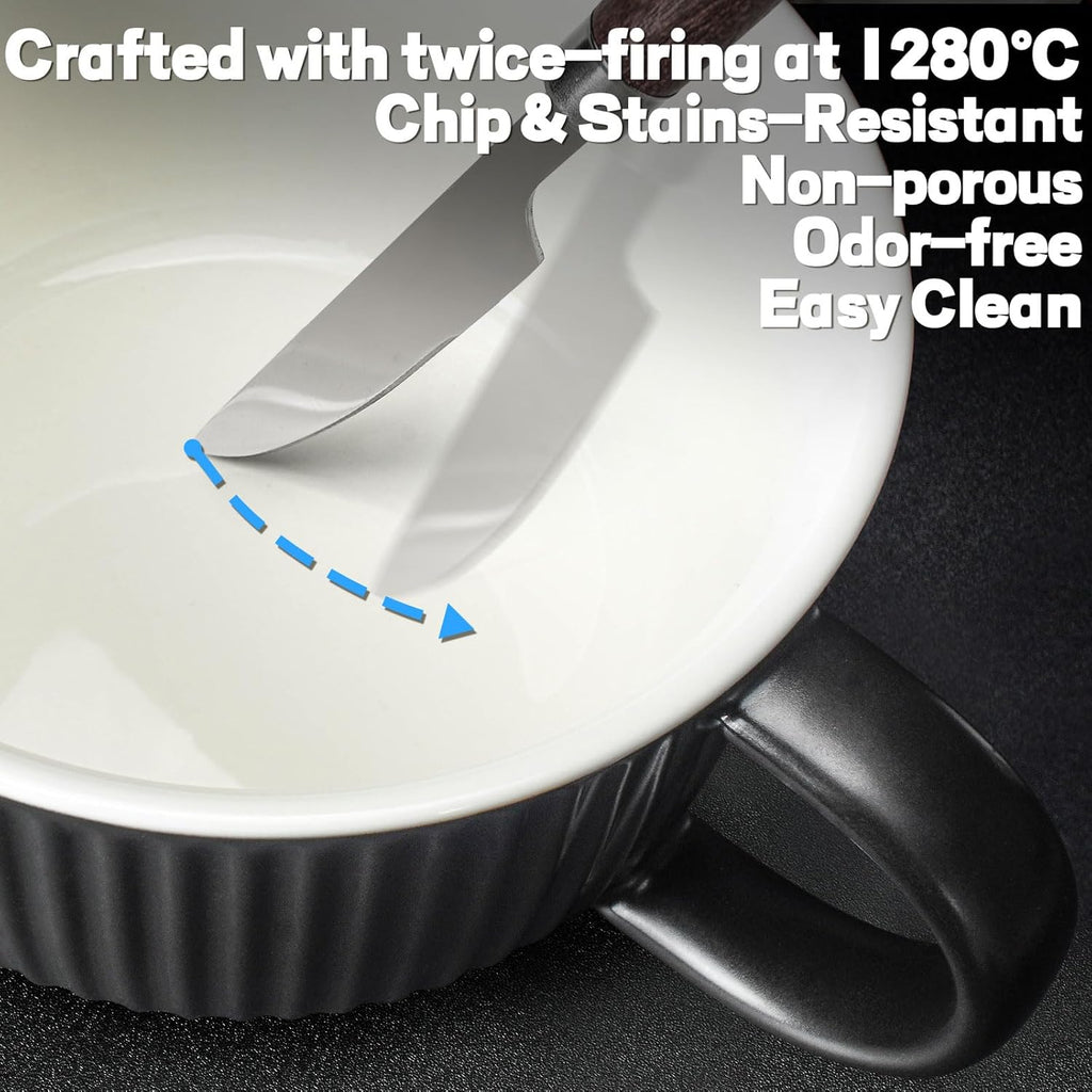 Artena 38 oz Soup Bowls - Large Microwave Safe Ceramic Ramen Bowls with Handles & Lids | Black, Set of 1