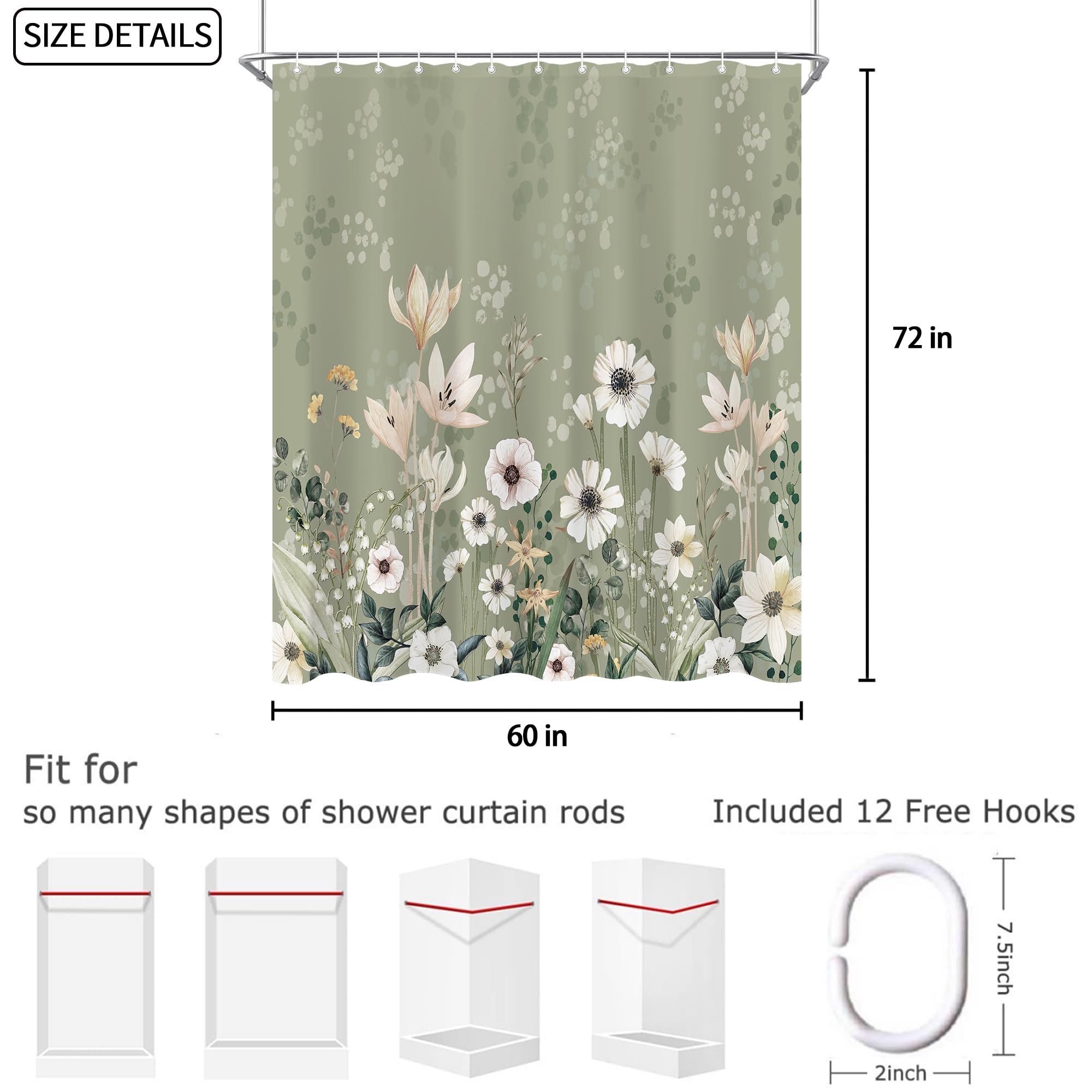 oolygoo Green Boho Floral Shower Curtain 60"X72" Flower Shower Curtain Set for Bathroom Plant Botanical Leaves Chic Pretty Waterproof Bathtub Curtain Decor Wildflower Bathroom Curtain with 12 Hooks