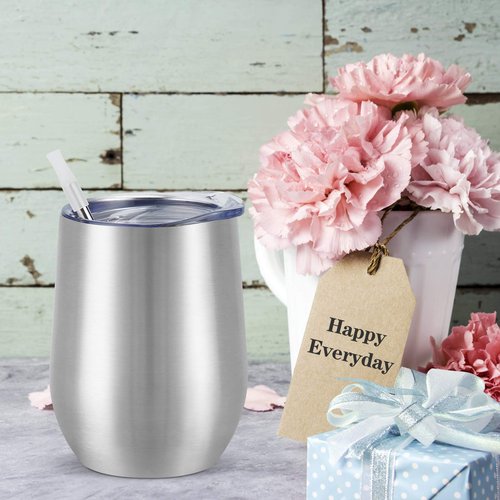 12 Pack Stainless Steel Wine Tumblers, 12Oz Double Wall Vacuum Insulated Wine Tumblers with Lids and Straws, Stainless Steel Stemless Wine Glasses for Coffee, Wine, Cocktails, Champaign, Silver