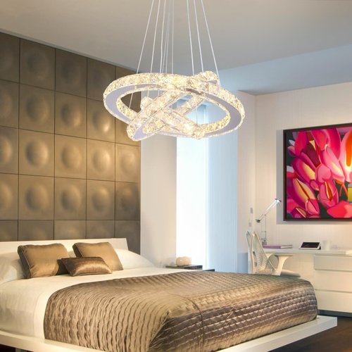 xychfantligh Modern Dimmable LED Chandelier 3 Rings Crystal Chandelier with Remote Stainless Steel Adjustable Pendant Light for Living Dining Room Bedroom