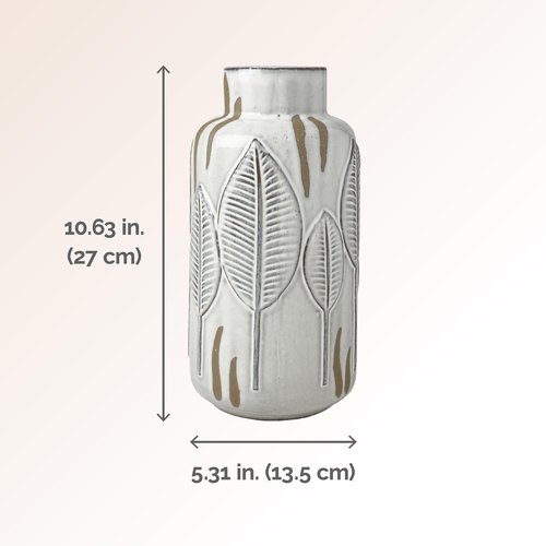 Mikasa Embossed Leaves White and Beige Ceramic Vase, 5.31x5.31x10.63 Inch