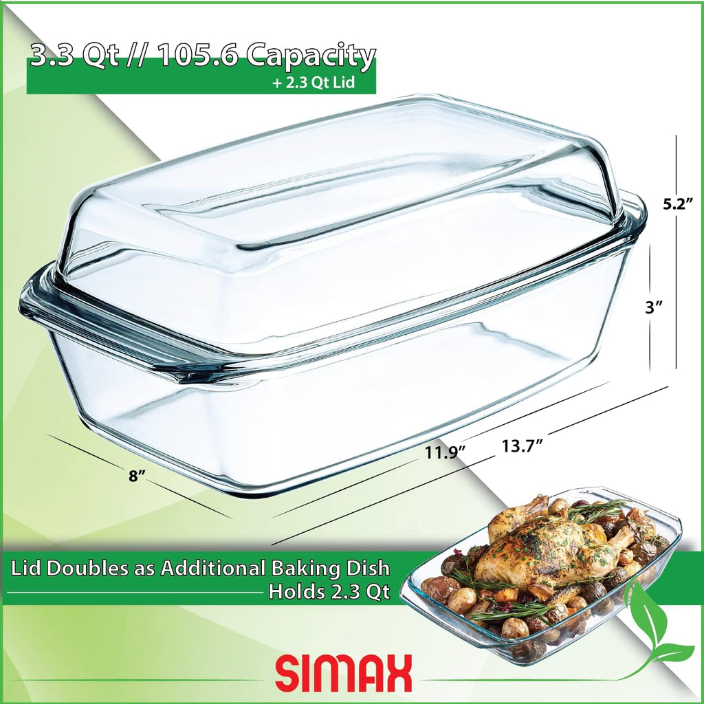 Simax Large Glass Casserole Dish - Oven Safe Bakeware With Lid | 3 Quart Oblong Cooking & Serving Dish