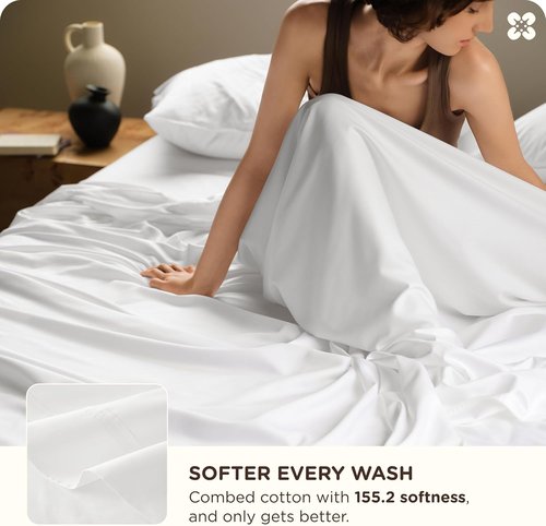Bedsure Bamboo Viscose Cooling Sheets, Rayon Cotton Serene Blend, PureWoven, Breathable & Buttery Soft Queen Size Bed Set, Deep Pocket Up to 18", Hotel Luxury Bedding for Hot Sleepers, White