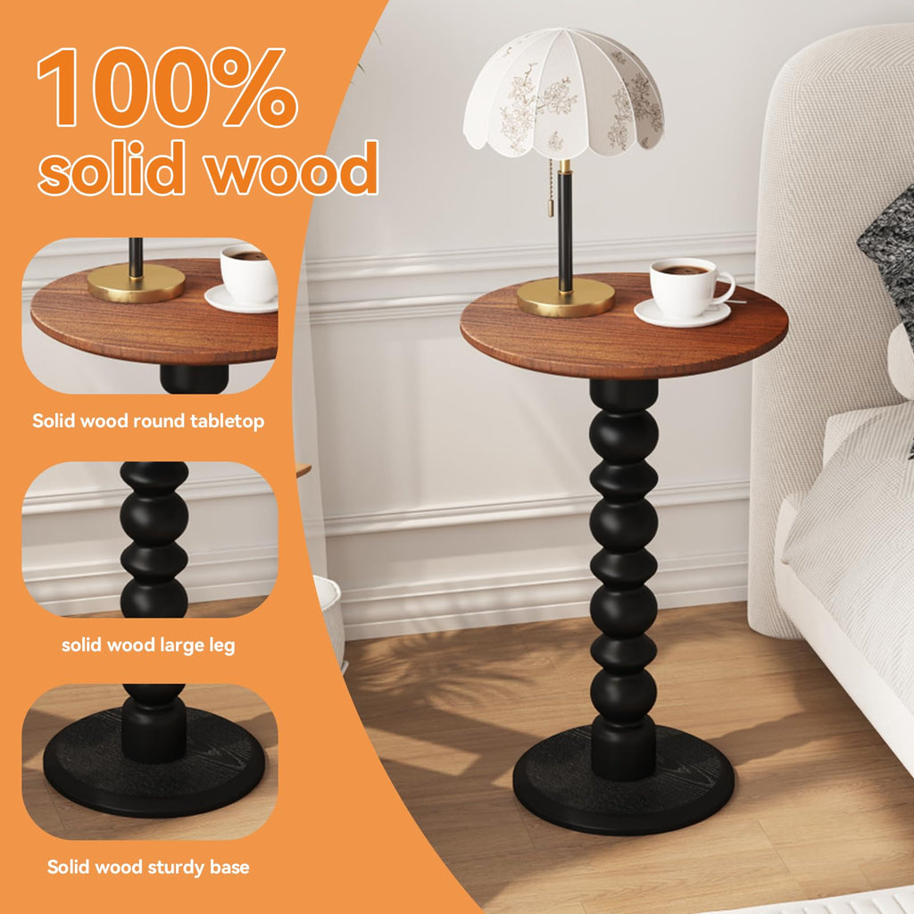 zaowofires Solid Wood Round Side Table, Small Drink Table,Cocktail Table, Wooden Pedestal End Table, Plant Stand for Living Room, Bedroom，Office and Corners(Walnut/Black)