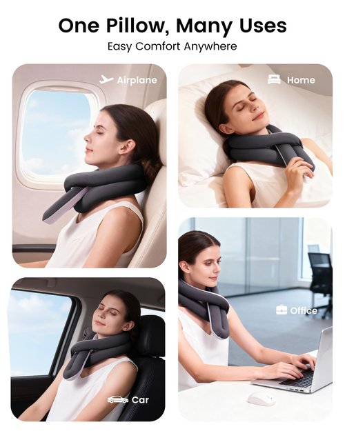 KPNEOL Travel Pillow, Neck Pillow – Ergonomic Memory Foam Pillow for Airplane, Adjustable & Ultra-Lightweight with Dual-Sided Fabric for Flight, Car, and Office Use, Grey