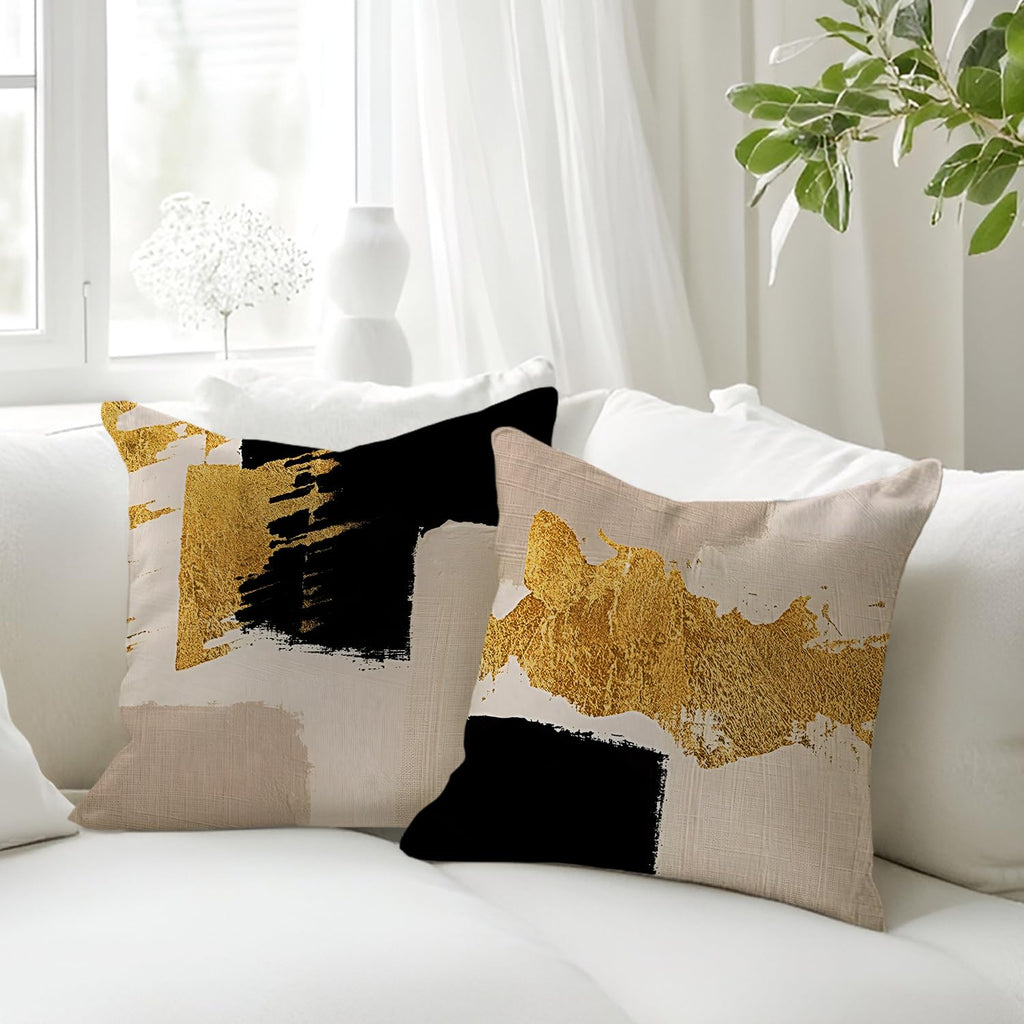 KAIOUS Black and Gold Pillow Covers, Black Gold Beige Decorative Throw Pillow Covers for Couch Sofa Bed Living Room Bedroom 18x18 Inches Set of 2