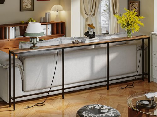FLORIHOMA 102.4" Behind Couch Table with 2 Fast Charging Stations, 7.1" Narrow Skinny Sofa Table with 4 Power Outlets, 4 USB-A, 2 USB-C for Console Entryway, Rustic Brown