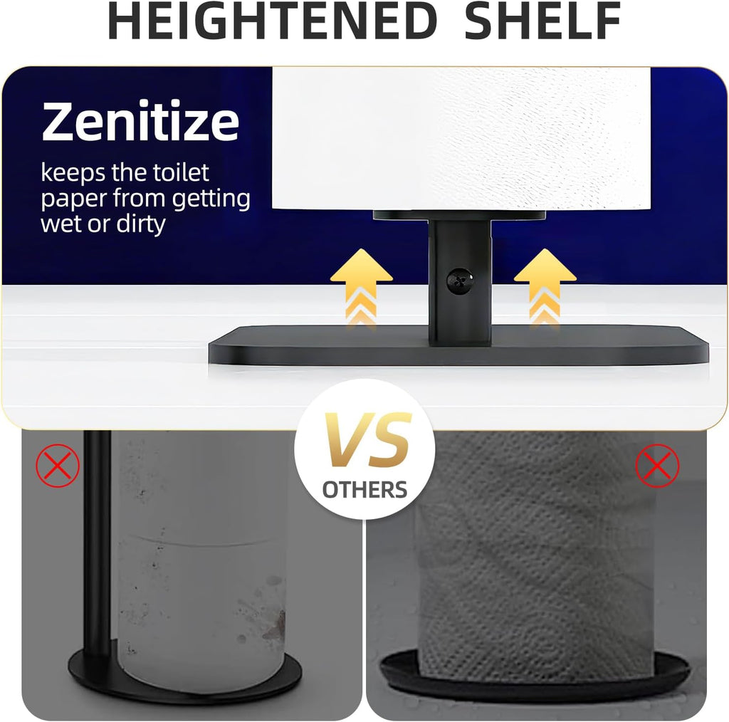 Skiennix Free Standing Toilet Paper Holder - Rustproof Metal Stand with Anti-Slip Base & Top Shelf | Black