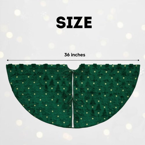 AVOIN colorlife Soft Plush Faux Fur Christmas Tree Skirt 36 Inch, Jacquard Green Xmas Star Pine Trees Winter Holiday Mat Decoration