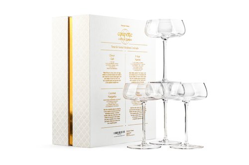 GLASSIQUE CADEAU Crystal Cocktail and Champagne Coupette Glasses | Set of 4 | 9 oz Elegant Long Stemmed Coupe Glassware for Gimlet, Espresso Martini, Daiquiri, Cosmopolitan | Fancy Round Saucers