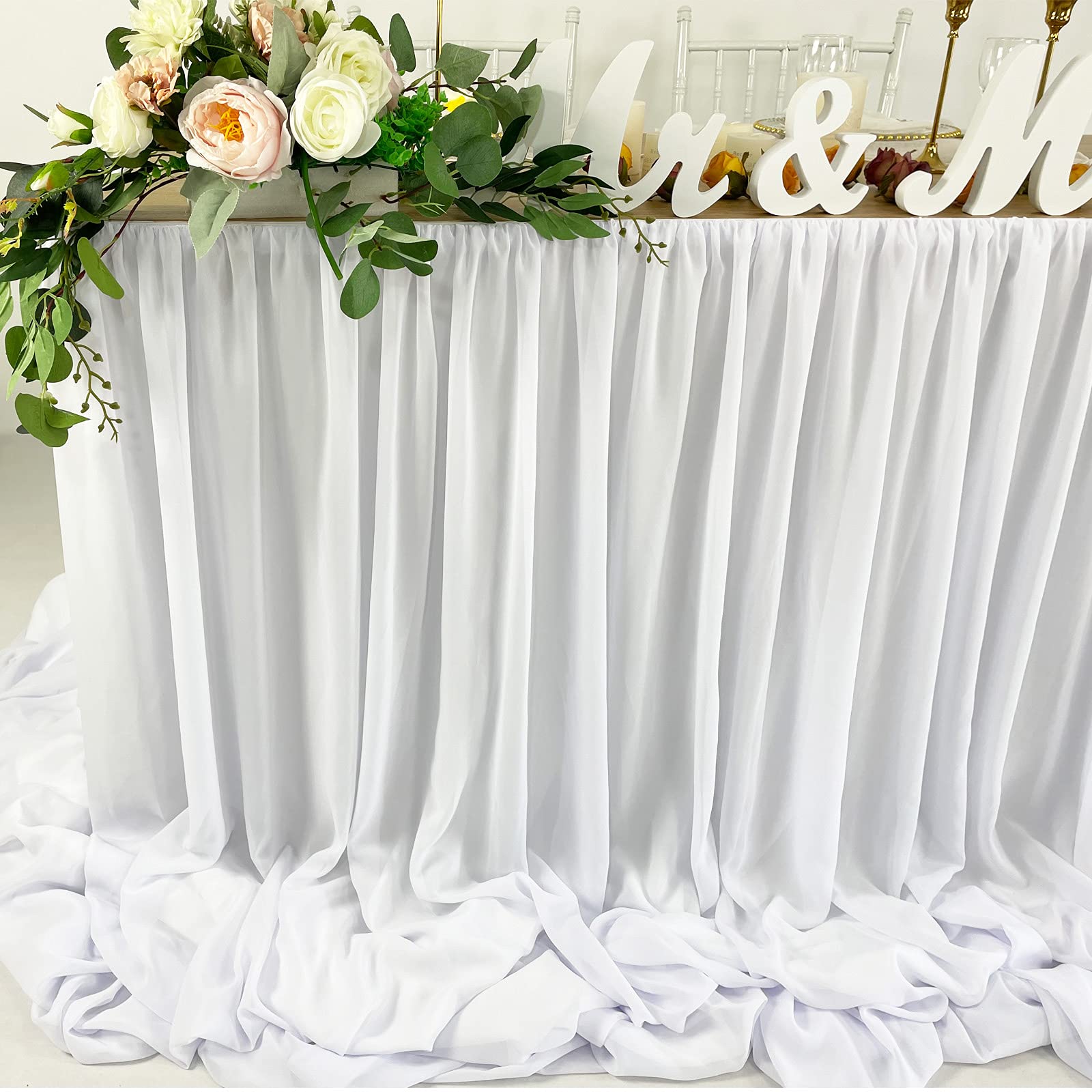 Pooling and Floating Chiffon Table Skirt with extra length, 6FT 9FT 14FT Sheer Tablecloth, Baby Shower, Birthdays Party, Main Cake Table Decoration, Wdding Table Skirt (White, 14FT)