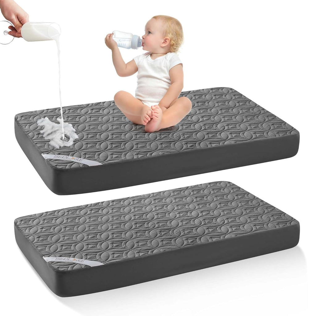 Skiennix Waterproof Crib Mattress Protector - Soft, Breathable & Noiseless 2-Pack | Standard Size (52''x28'', Gray)