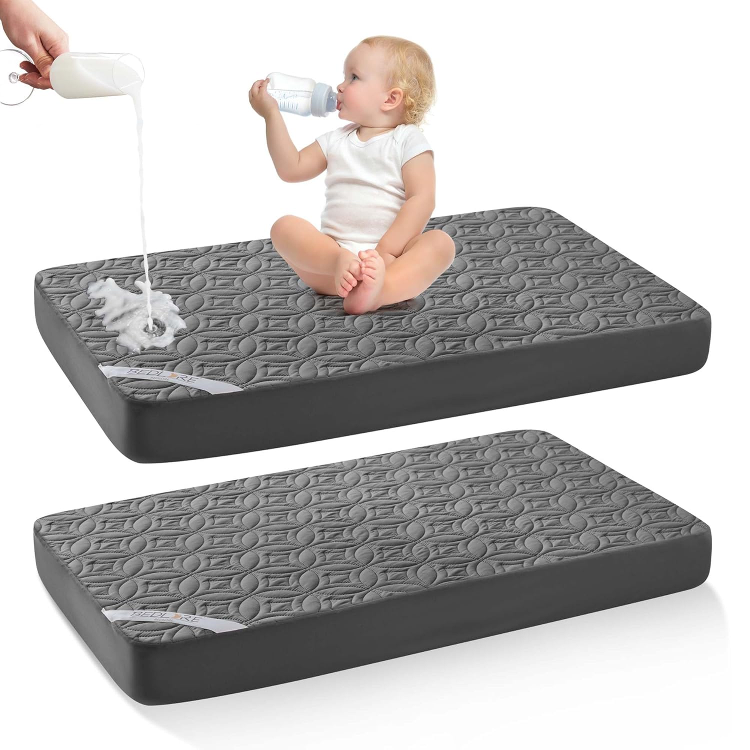 Skiennix Waterproof Crib Mattress Protector - Soft, Breathable & Noiseless 2-Pack | Standard Size (52''x28'', Gray)