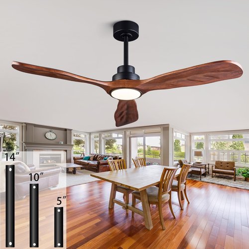 Ceiling Fans with Lights and Remote,52 Inch Unique Wood Ceiling Fan with Noiseless Reversible DC Motor,3 Blades,3 Downrods, for Farmhouse,Patio Living Room,Bedroom,Office,Indoor Outdoor(Black+Walnut)