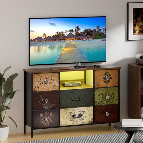VASICAR Pattern Dresser with LED Lights and Power Outlets, Dresser TV Stand with 8 Drawers for 55" TV, Fabric Chest of Drawers for Bedroom, Living Room, Entryway