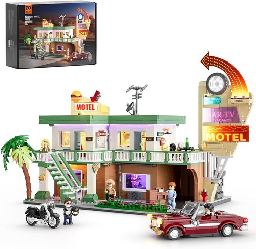 FUNWHOLE City Car-Hotel Lighting Building Bricks Set - 1970 Pcs Modular Twilight Motel Collection with LED Lights for Adults & Teens