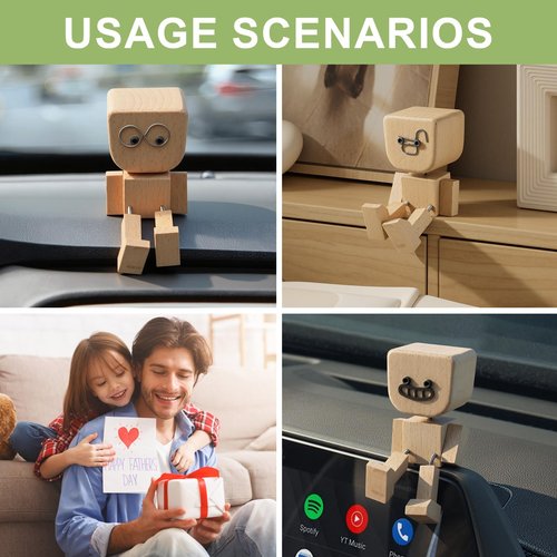 beuhugas 1PCS Shaking Tiny Feet Wooden Doll with Spring Legs with 12pcs Magnetic Expressions Funny Cars Ornaments Wood Desktop Decor, Car Dashboard Accessories