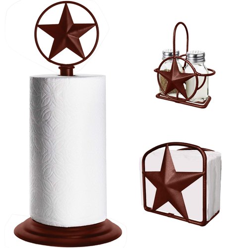 Brown Rustic Texas Star Paper Towel Holder, Napkin Holder, Salt and Pepper Shakers Holder, Country Farmhouse Iron Kitchen Counter Accessory Set Holders (Paper Towel, Napkin, S&P Holder (3 Piece Set))