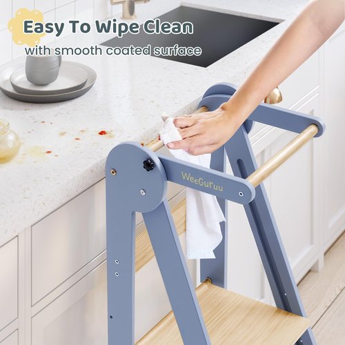 WeeGuruu Toddler Step Stool, Wooden Fold-able Standing Tower Kitchen Stool for Countertop, Bathroom, Montessori Kids Stool with Height Adjustable Platform for Ages 18 Mons to 6 Years Learning Skills
