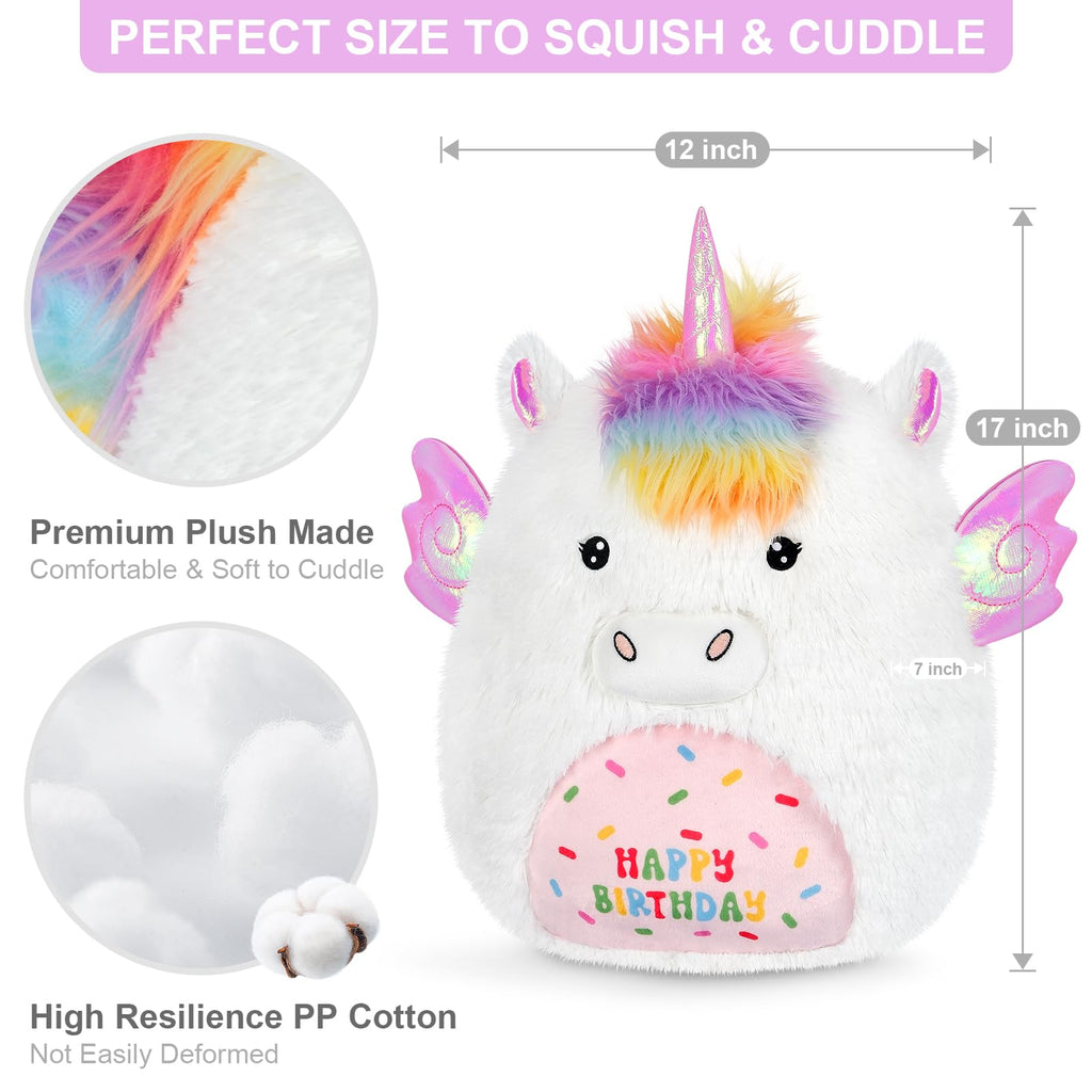 SuzziPals 17'' Happy Birthday Unicorn Plush Pillow, Soft & Squishy, White Unicorn Stuffed Animal for Cuddle, Plushie Room Decor, for Girls & Boys
