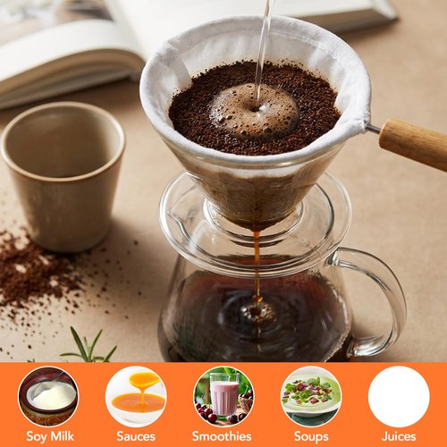 2Pcs Coffee Strainer Cloth, Reusable Flannel Cloth Filter Coffee Pour Over Filters with Wood Handle Handmade Tea Sock Strainer (White)
