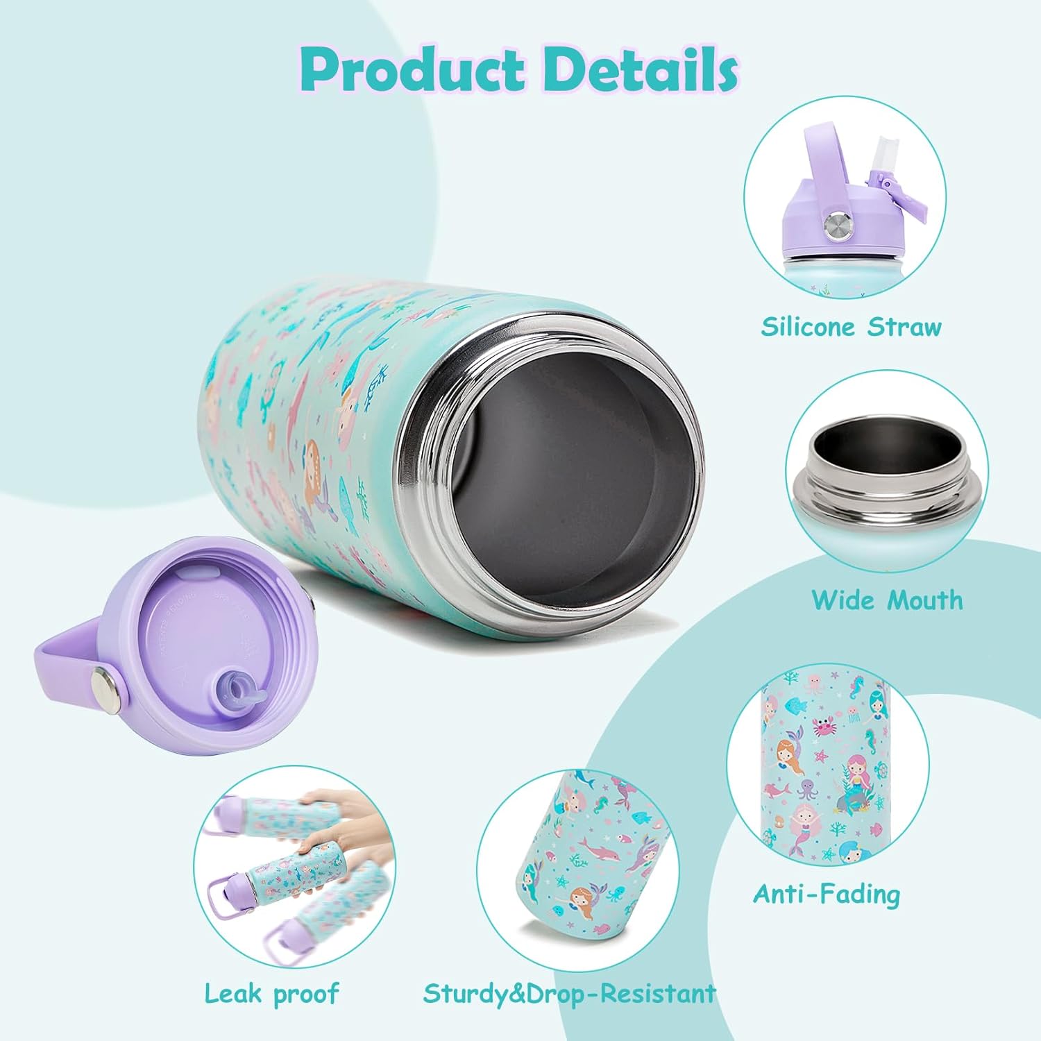 Skiennix 18oz Kids Insulated Water Bottle - BPA-Free Stainless Steel, Leak-Proof, Purple Mermaid