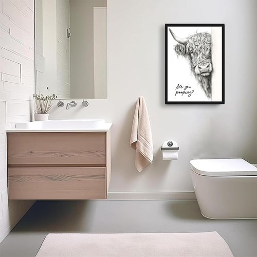 Highland Cow Art | Funny Black and White Bathroom Wall Decor - Rustic 12x16 Inch Framed Canvas Print
