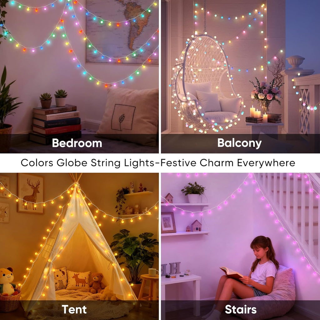 OMIKA 33FT Connectable Globe String Lights - 24 Color Changing Fairy Lights with Remote | 60 LEDs, 128 Modes, Waterproof for Indoor/Outdoor Use