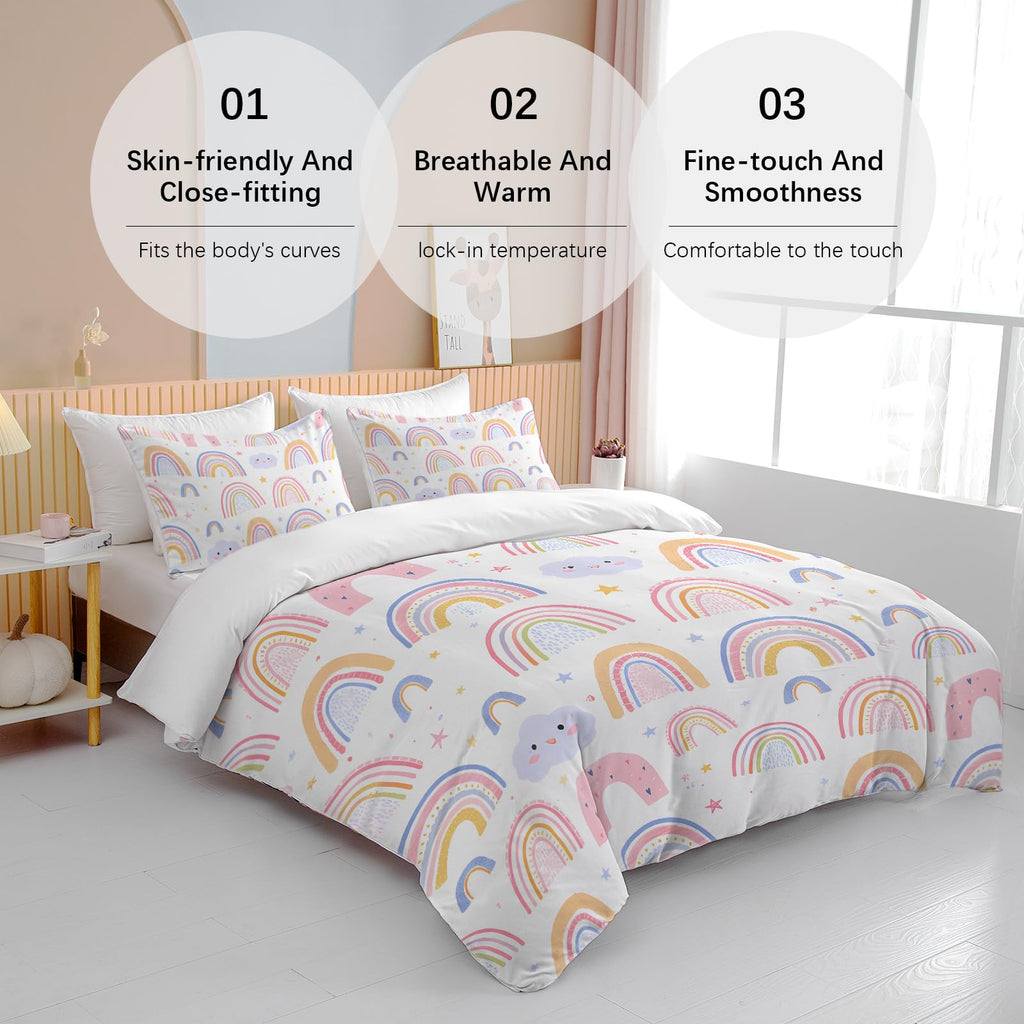 BEDMUST Rainbow Full Duvet Cover Set for Girls Pink and Yellow Rainbow Star Duvet Cover 3 Piece with 2 Pillow Shams(1 Duvet Cover and 2 Pillow Shams)