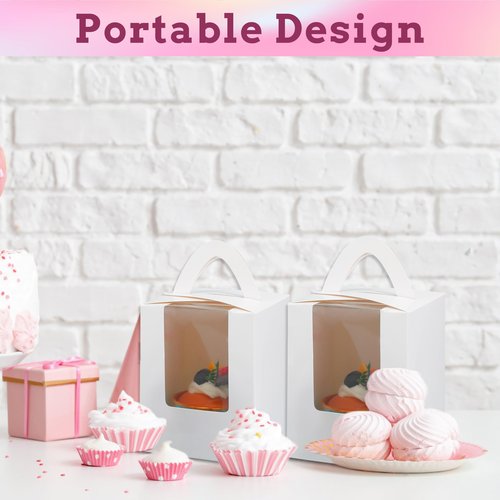 KGVZPT 60 Packs White Cupcake Boxes Carriers with Window&Inserts Handle,3.5x3.5x4.5 Inch,Portable,Individual Cupcake Containers Cardboard Holders for Cookies,Donuts,Candy,Muffins(with Stickers)