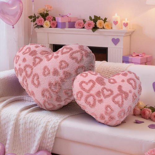 Lanpn Valentines Day Heart Pillows 2Pcs, Love Heart Shaped Pillow Plush Throw Pillow Decorative Cushion for Holiday Home Party Couch Bed Sofa Valentine's Day Decor (Light Pink,16.5x12in/14x10.5in)