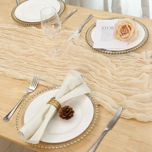Fixwal Cream Beige Cheesecloth Table Runner - 35x120 Inch | 10 FT Boho Gauze for Weddings & Events