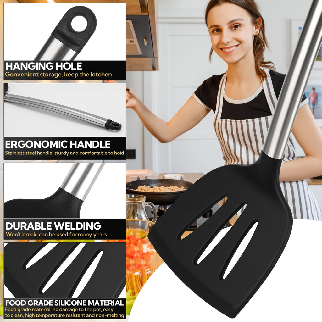 33 Pack Non-Stick black silicone cooking utensils set, Heat Resistant & Dishwasher Safe with Stainless Steel Handles for Non-Scratch Cooking and Baking，Outdoor Cooking, and Small Apartments