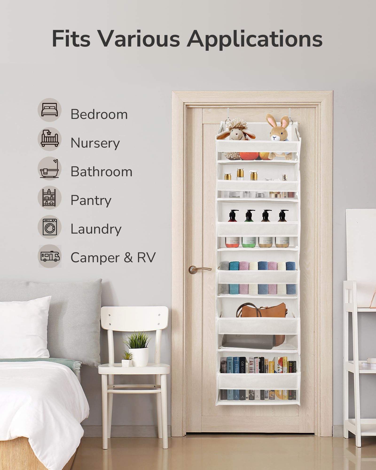 ULG 2 Pack Over The Door Organizer with 6 Large Pockets 12 Side Pockets, 50lbs Weight Capacity Door Hanging Organizer for Bedroom, Bathroom, Pantry, Nursery Storage, Beige