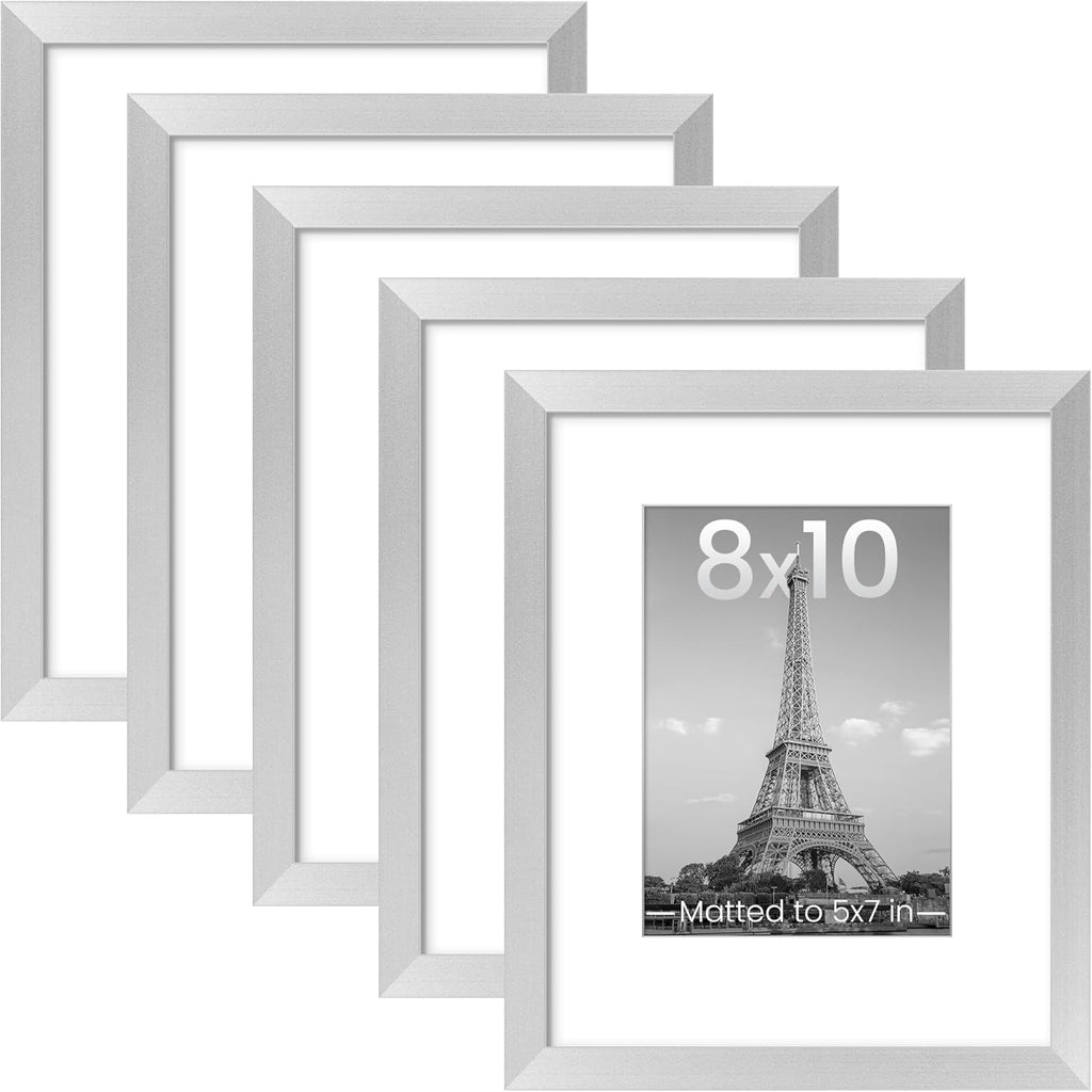 Upsimples 8x10 Picture Frame Set of 5 - Stylish Silver Frames for 5x7 or 8x10 Photos | Wall Gallery Display