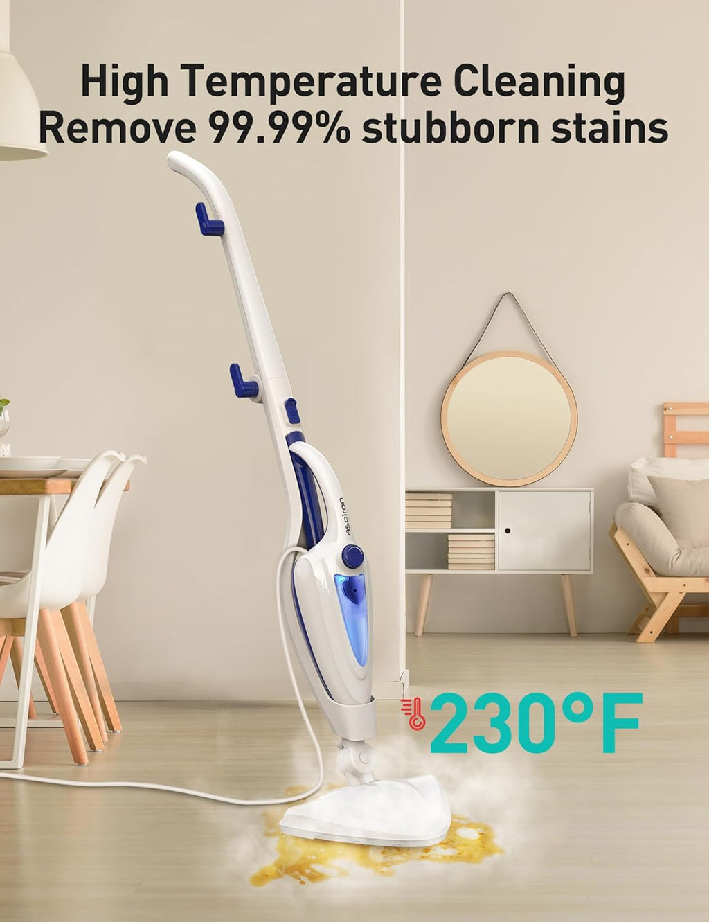 Skiennix 12-in-1 Steam Mop - Fast 15-Sec Heat-Up, 1500W Handheld Cleaner with 2 Dirt Grip Pads | Removes 99.99% Stains for Hardwood, Windows, Tiles, and More - White