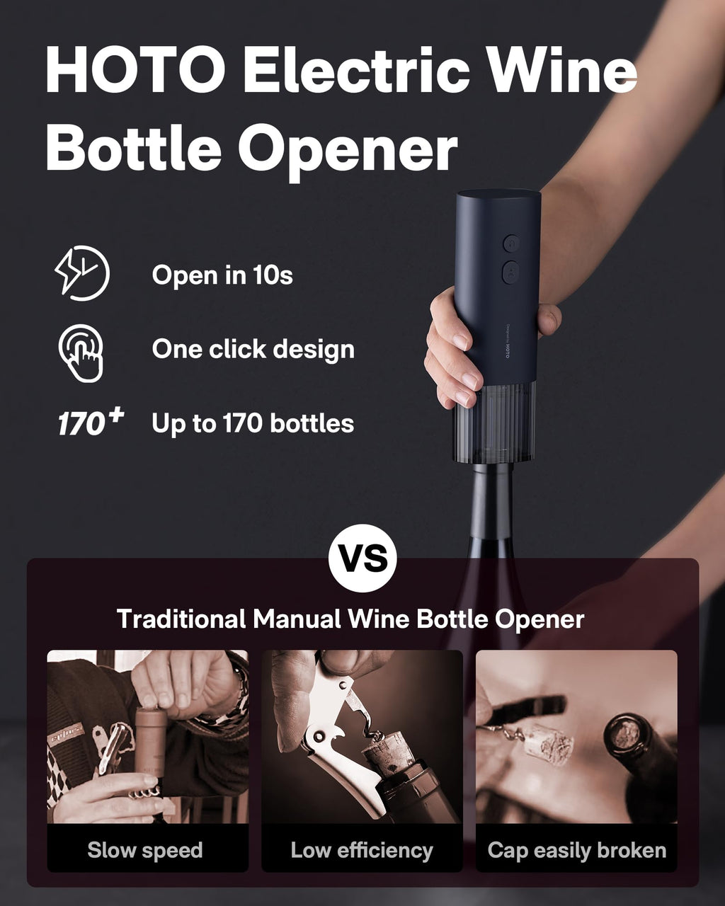 HOTO Electric Wine Opener, Automatic Bottle Opener with Foil Cutter, Uncorks 170+ Bottles, 10s Instant Opening, Battery Operated Corkscrew Wine Opener, Perfect Ideal for Wine Lover Wedding Party Home