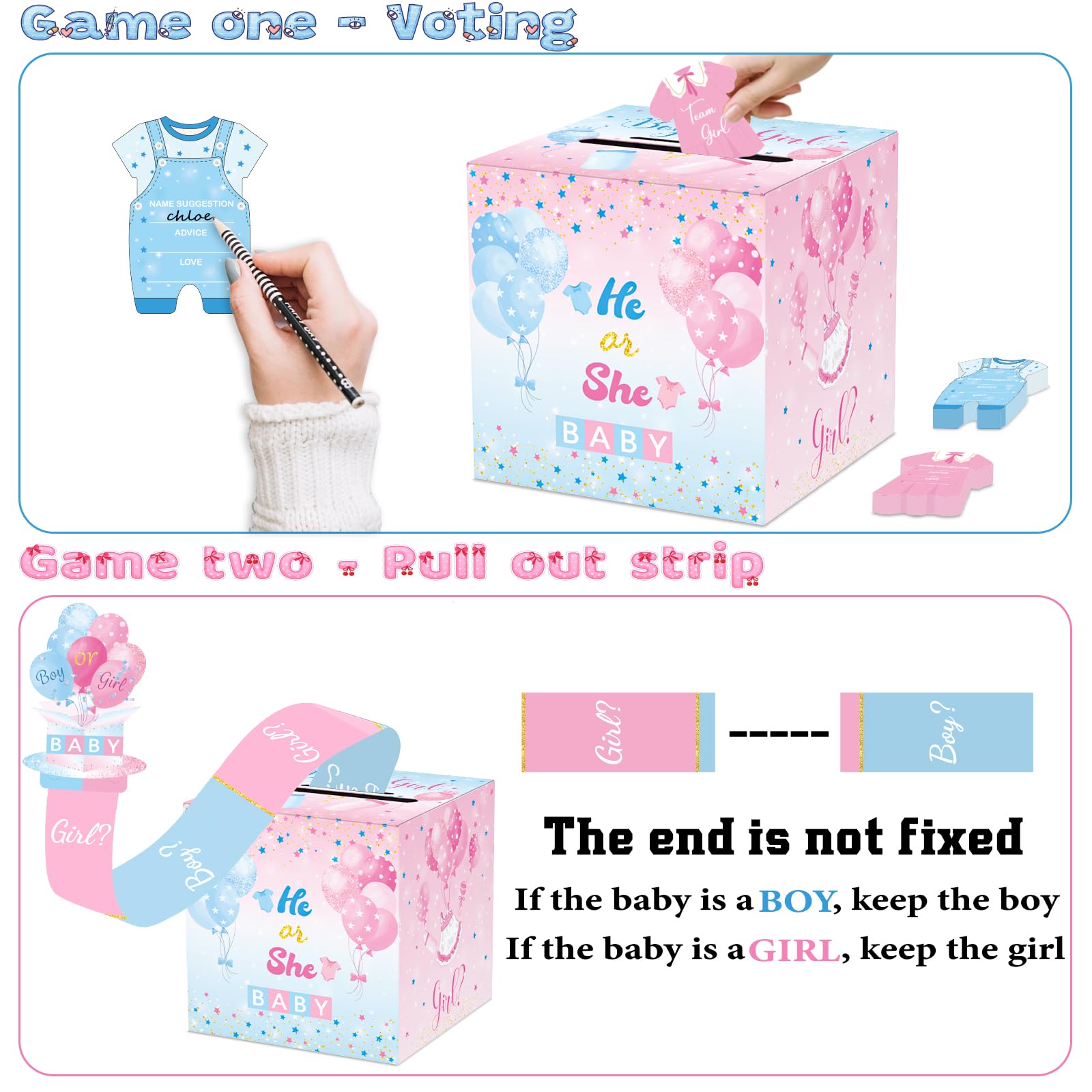 WNINK Baby Gender Reveal Pull Out Game with Voting Box, Gender Reveal Games, Fun Baby Shower Activity Keepsake, 50 Ballot Cards Boy or Girl Voting Box, Boy or Girl Party Supplies