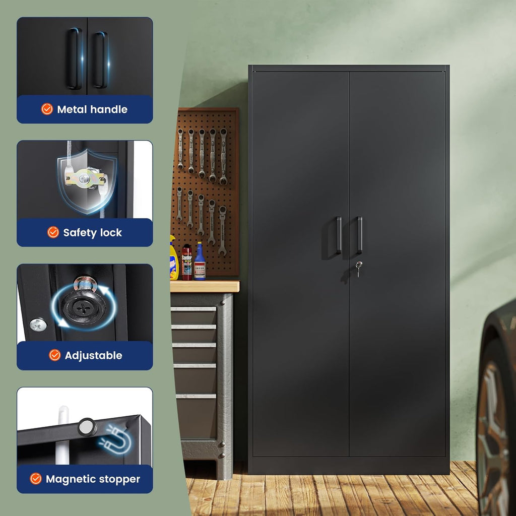 Yizosh Metal Storage Cabinet - 72" Lockable Garage Cabinet with 2 Doors & 5 Adjustable Shelves, Black Steel
