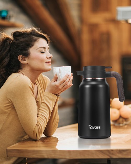 2 PCS Thermal Coffee Carafe 70 oz - 36 Hour Hot Stainless Steel Carafes for Hot Liquids-Insulated Coffee Carafes For Keeping Hot/Cold Coffee, Tea, Water, Drink Dispenser for Parties(Black/Black)