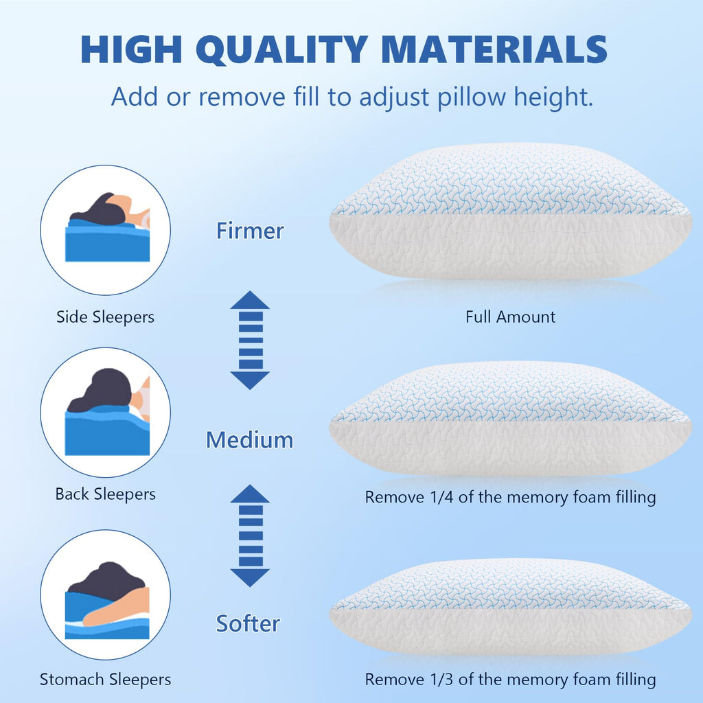 SUPA MODERN Shredded Memory Foam Pillows Queen Size Set of 2, Cooling Bed Pillow for Sleeping for Hot Sleepers, Adjustable Pilllows for Side Back and Stomach Sleepers, Neck & Shoulder Comfort Support