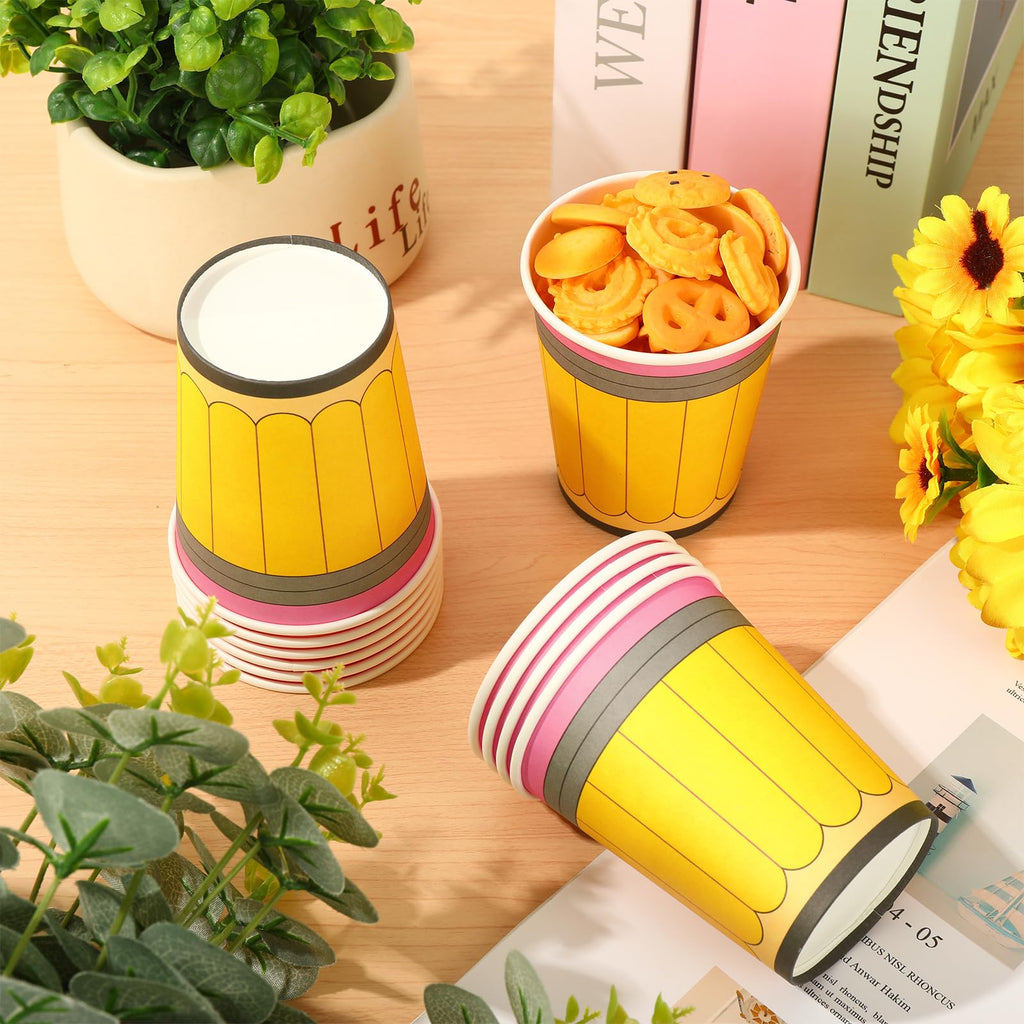 Whaline 50Pcs Back to School Paper Cups 9 Oz Yellow Pencil Design Disposable Cups for Coffee Tea Snacks Classroom First Day of School Party Supplies